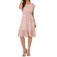 thumbnail image 1 of INSPIRE CHIC Robe pour Femme Florale à Encolure Carrée Manches Volantées Style Casquette Midi à Volants Robe d'Invitée de Mariage L Rose Blanc, 1 of 6