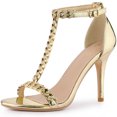 thumbnail image 1 of BLISSFUL STEP T Strap Rhinestone Ankle Strap Stiletto Heels Sandals for Women Gold 10 M US, 1 of 6