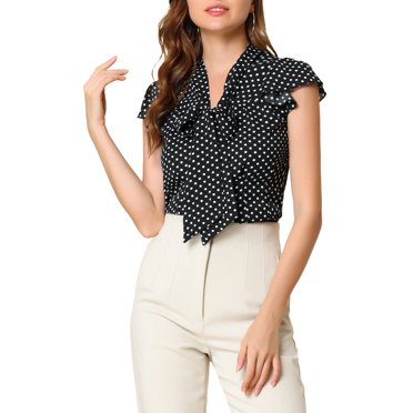 INSPIRE CHIC Women's Blouse Polka Dots Tie Neck Ruffled Cap Sleeve Wear-to-Work Top L Black