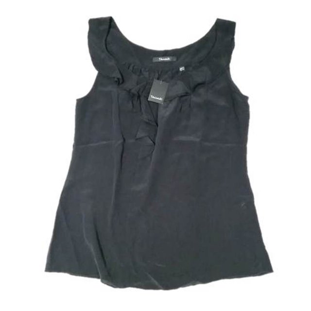 $158 TAHARI Ruffled SILK Tank TOP M18FA510 Black ( M )