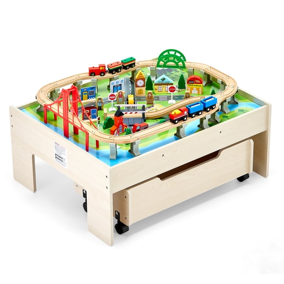 VEVOR Train Table 100 Pieces Wooden Kids Activity Table with Rolling Storage Drawer