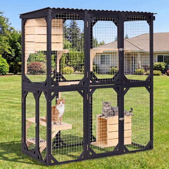 LAUSAINT HOME 70.8" Outdoor Catio, Walk-in Cat Enclosure with Weatherproof Roof, Multi-Cat Cage House with Platforms and Resting Boxes for Outdoor Use