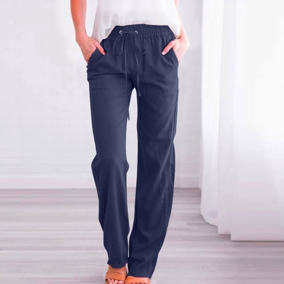 VKOYWKM Women's Linen Pants Elastic Waist Pants Loose Casual Beach Pants Trendy Wide Leg Trousers Solid Color Cotton Linen Pants with Pockets
