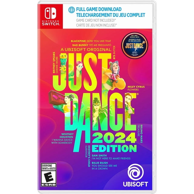 Just Dance® Édition 2024 - Édition Limitée - Code en Boîte (Nintendo Switch) Couverture avec Arrière-Plan Dégradé Rouge Vif à Violet et Grand Texte de Titre Jaune-Vert, Mettant en Vedette des Artistes et Chansons Populaires Dont BLACKPINK, Bad Bunny, Miley Cyrus, Britney Spears, BTS, Whitney Houston, Bruno Mars, Sam Smith, Billie Eilish, et Destiny's Child, Ubisoft et Nintendo Switch logos, et ESRB
