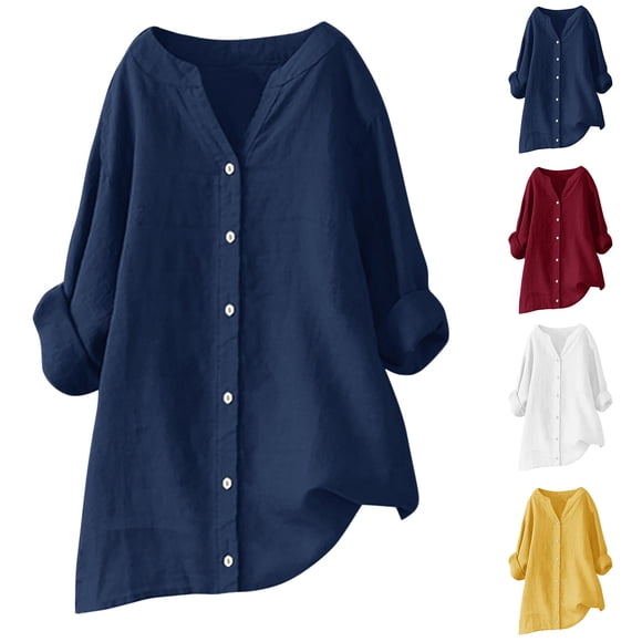 Frostluinai Cotton Linen Shirts for Women Plus Size Long Sleeve Roll Up Henley Shirts Solid Casual Loose Blouses