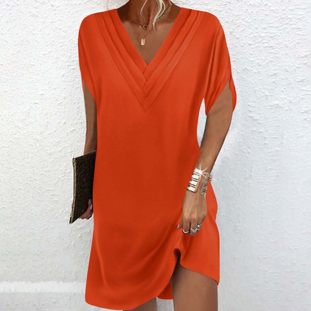 Ovzne Robes d'Été pour Femmes Robe Femme Couleur Unie Manches Courtes Col en V Plissé Manches Chauve-Souris Robe Femme Manches Courtes Liquidation