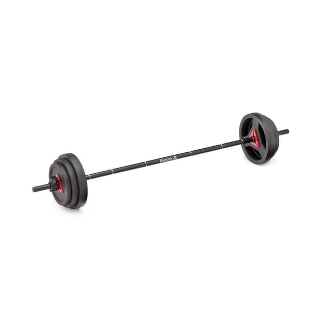 Reebok Ensemble de Poids - 44 Lb avec une Barre en Acier Noire de 25 mm de Diamètre, Comprenant des positions de Poignées Numérotées et des Colliers Rouges à Verrouillage par Torsion, Plaques en Fonte Noire avec Revêtement TPU, Conçu pour l'Entraînement Polyvalent de Force à la Maison Ou au gym et Convient aux Exercices de Style Haltère.