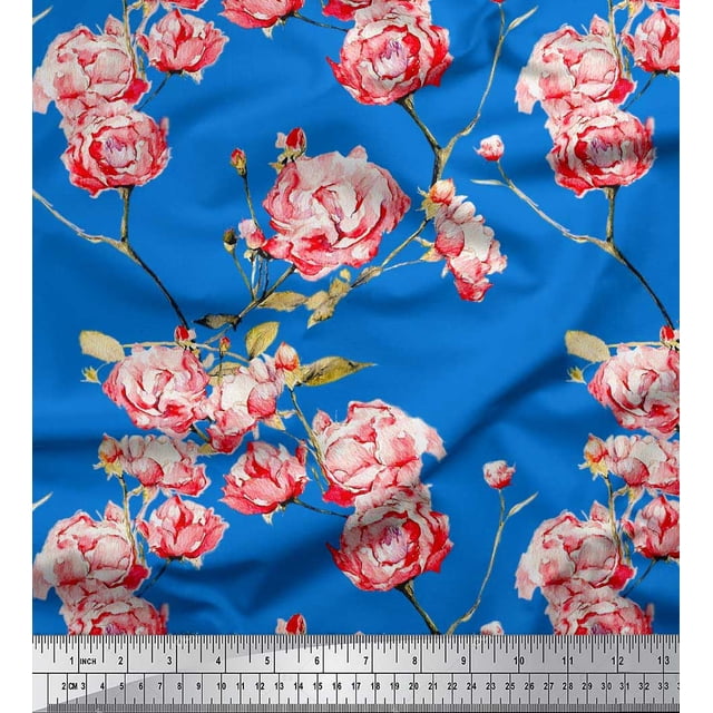 Soimoi Poly Georgette Fabric Flower & Leaves Watercolor Print Sewing Fabric Yard 52 Inch Wide