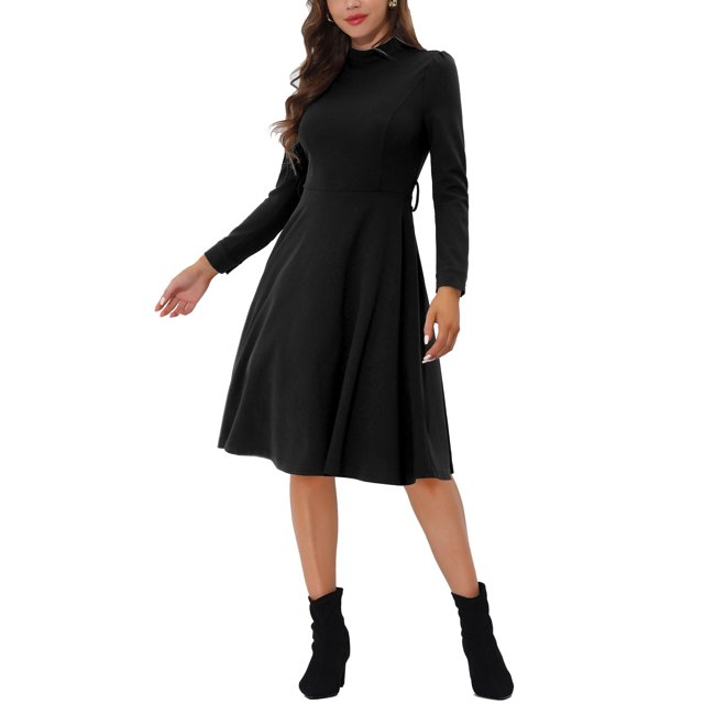 INSPIRE CHIC Robe Midi en Tricot pour Femme, Élégante, Col Montant, Manches Longues, Taille à Nouer, pour le Travail, TP, Noir