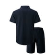 thumbnail image 4 of UVEASISHA Men's 2 piece Matching Set Textured Summer Beach Outfit Solid Color Breathable Button Down Shirt ShortsTracksuits Set Comfortable Loose Fit Navy,M, 4 of 8