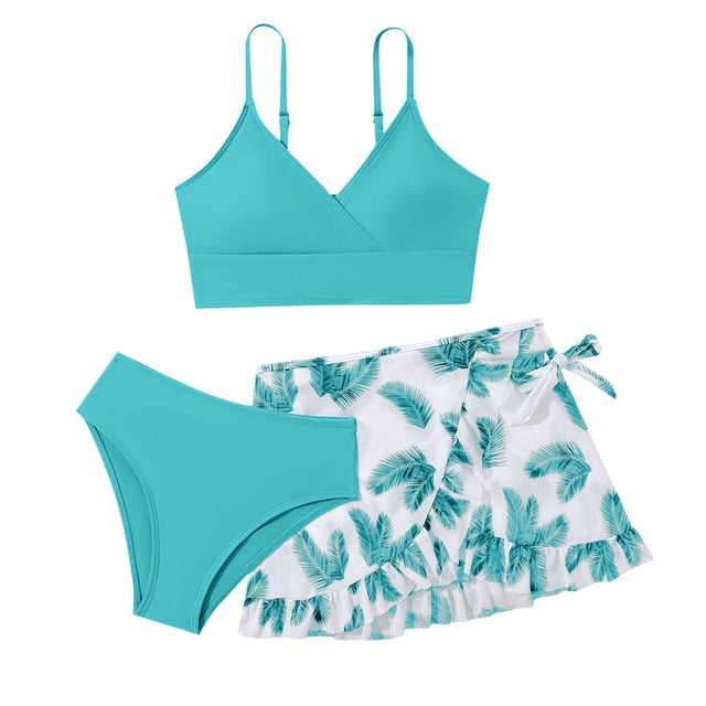 Puawkoer Maillot de Bain Fille 3 Pcs Bikini Solide Maillot de Bain Filles Rullfe Maillot de Bain Caleçons Courts Maillot de Bain pour Filles Bikini Filles