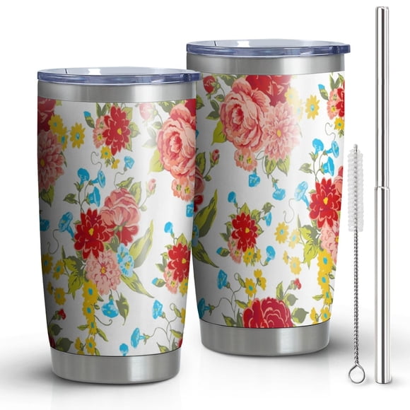 Gobelet à Fleurs avec Couvercle et Paille 20 Oz Gobelet de Voyage en Acier Inoxydable Pionnière Fleur Femme Gobelet Isolé Cadeau d'Anniversaire pour Femme Amie