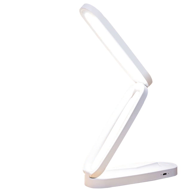 TopLLC New LED Desk Lamp Foldable Plug In Reading Lamp with 3 Grade Colour Temperature Adjustment and Stepless Dimming. The white plastic lamp features a multi-stage foldable design for adjustable angles and compact storage. It includes a phone holder, pen holder, and USB plug-in connection. Ideal for dorms, RVs, and home offices.