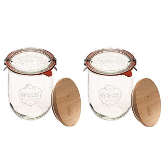 Weck Jars - Weck Tulip Jars 1 Liter - Sour Dough Starter Jars - Large Glass Jars for Sourdough - Tulip Jar with Wide Mouth - Suitable for Canning and Storage - (2 Jars, Glass Lids & Wooden Lids)