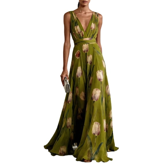 WRKEKC Floral Dress for Women Solid V Neck Sleeveless Belted Waist Printed Maxi Lightweight Summer Chic Soft