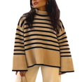thumbnail image 2 of Chandails à Col Montant pour Femmes Manches Longues Décontractées Imprimé Rayé Bloc de Couleur/uni Fente Latérale Coupe Ample Hauts Tricotés, 2 of 5