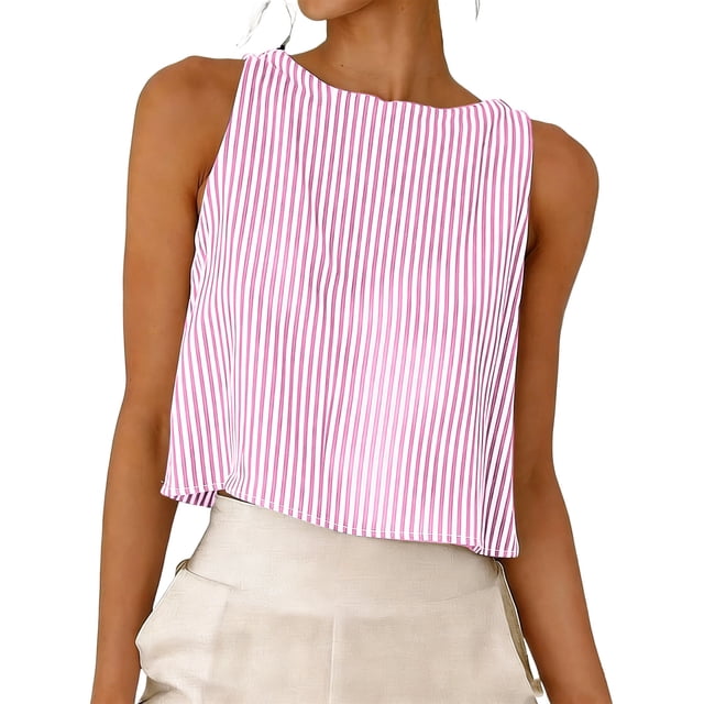 FAVIPT Womens Cotton Tank Top Button Down Stripes Print Cropped Shirts Crew Neck Summer Beach Loose Tees Pink,S
