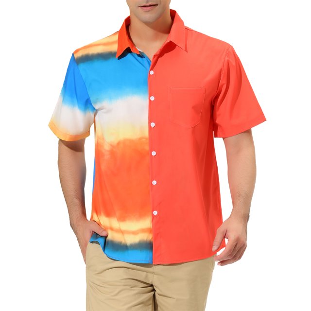INSPIRE CHIC Men's Printed Button Down Short Sleeve Pocket Patchwork Shirts M Orange