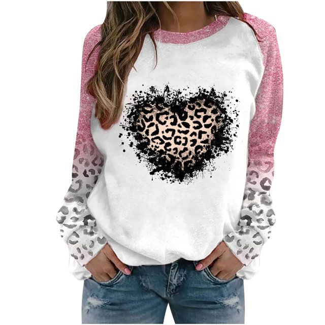 VALMASS Plus Size Valentine'S Day Raglan Sweatshirts Mode Imprimé Cosy Tops Casual Col Rond Tunique Sweatshirts (2XL, Pink-A)