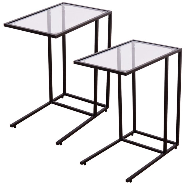 Costway 2 Pcs Plateau à Café Table d'Appoint de Canapé Bout de Canapé Ottomane Support de Canapé Télé avec Dessus en Verre