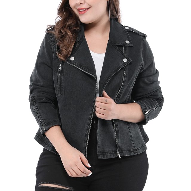 GRACE & GRANDEUR Women's Plus Size Denim Inclined Zip Motorcycle Jacket