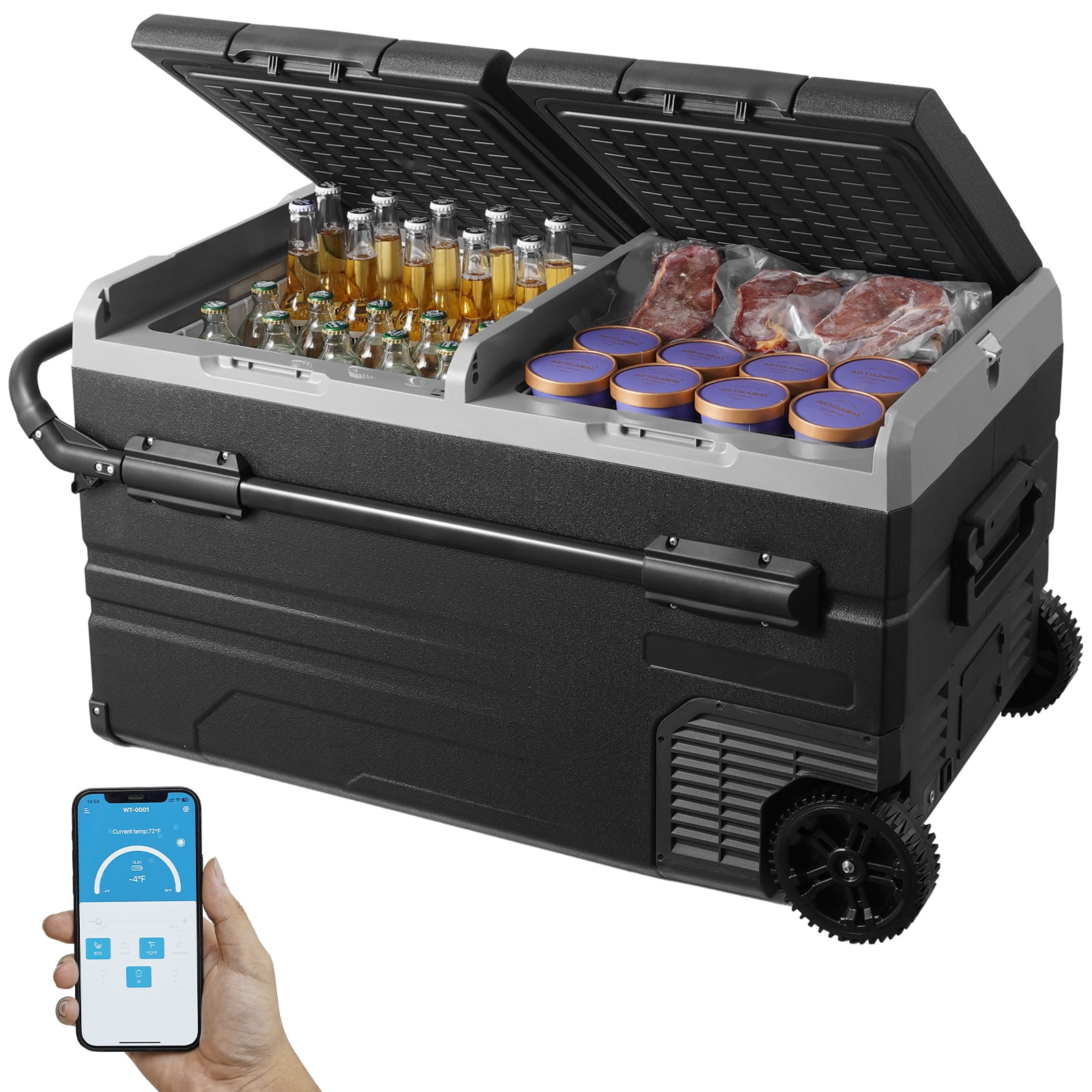VEVOR Car Refrigerator, 12 Volt Car Refrigerator Fridge, 115 L Dual Zone Portable Freezer with Wheels and Handle, -4℉-68℉, 12/24V DC and 100-240V AC Compressor Cooler