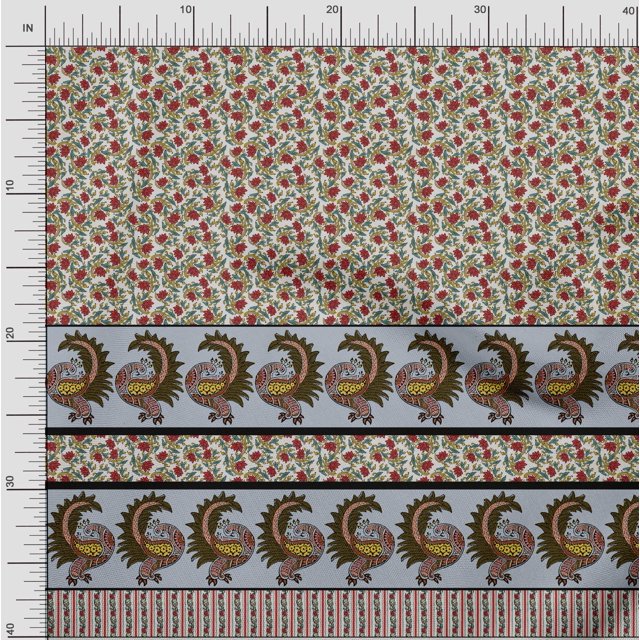 Soimoi Poly Crepe Fabric Lotus & Peacock Panel Printed Craft Fabric by The Yard 42 Inch Wide
