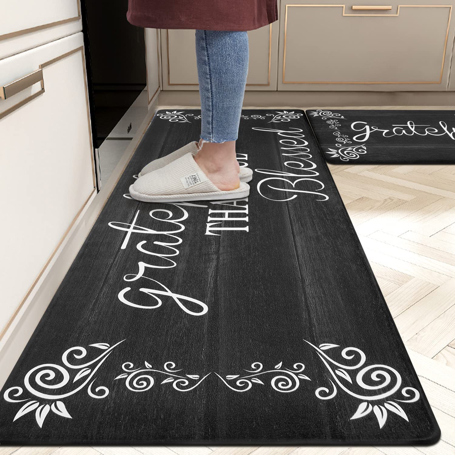 MeyJey Kitchen Rug Set of 2, Anti Fatigue Kitchen Mat 2 Pieces, Non Skid Waterproof Cushioned Floor Mat and Runner Rug, 17"x28"x0.5"+17"x59"x0.5", Black