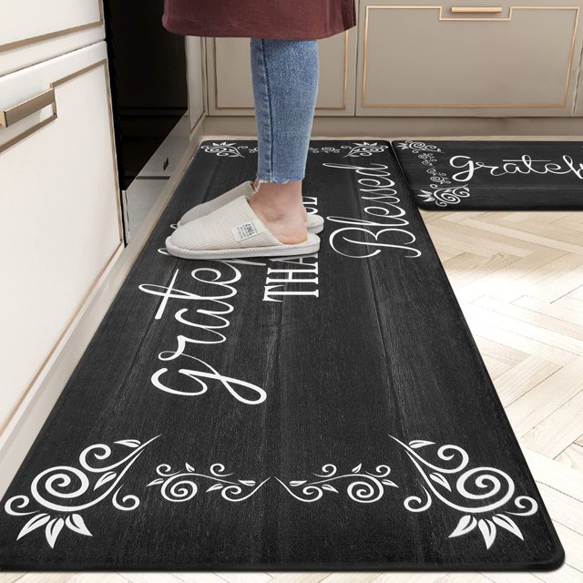 MeyJey Kitchen Rug Set of 2, Anti Fatigue Kitchen Mat 2 Pieces, Non Skid Waterproof Cushioned Floor Mat and Runner Rug, 17"x28"x0.4"+17"x59"x0.4", Black