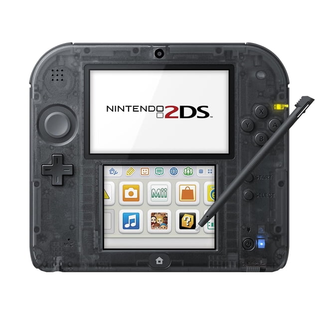 Nintendo 2DS Handheld Video Game Console in black, refurbished model. Features a dual-screen design with a transparent black casing, directional pad, and control buttons. Includes a stylus for touchscreen interaction. Compatible with all DS and 3DS games in 2D, offering wireless connectivity for multiplayer gaming and access to the Nintendo eShop for digital content. Parental controls available for content management.