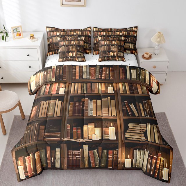 YST Bookshelf Bedding Set King Size,Vintage Library Bookcase 7 Piece Comforter Set,Western Bookshelf Books Bed in a Bag,Education Academic Collection Flat Fitted Sheet Soft Warm Room Decor