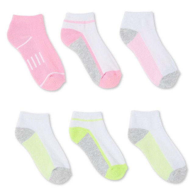 Athletic Works Girls' Anklet 6-Pack with six pairs of ankle-length socks in assorted pastel pink and lime green featuring grey heel and toe accents and ribbed cuffs for a secure fit, made from soft knit polyester and spandex, suitable for sports and casual wear.