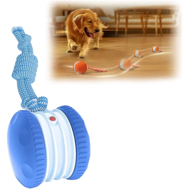 2026 Saker Interactive Dog Ball Toy in blue, featuring an automatic rolling mechanism and a durable rope attachment for engaging indoor play. Designed for small, medium, and large dogs, this rechargeable motion-activated smart toy offers irregular rolling patterns to stimulate chasing and tugging instincts. The image shows the toy on a hard floor with a dog actively playing in the background, highlighting its suitability for indoor environments.