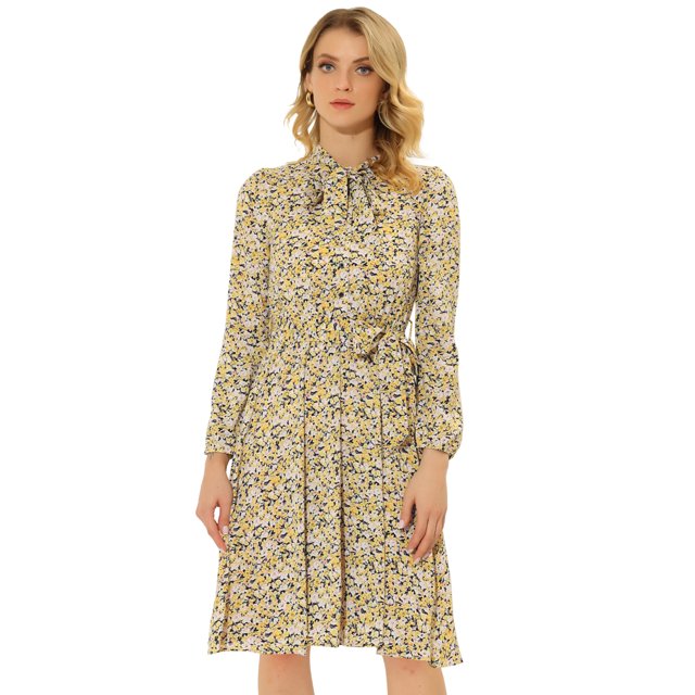 INSPIRE CHIC Robe Vintage à Fleurs pour Femme à Col Noué en Chiffon à Manches Longues avec Ceinture S Bleu Marine Jaune