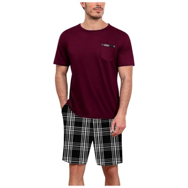 Ensemble de Pyjama pour Homme d'Été à Manches Courtes avec Shorts, Col Rond, Shorts à Carreaux à Manches Courtes, T-Shirt Deux Pièces avec Poche Poitrine, Ensemble de Vêtements de Maison, Ensembles de Pyjama pour Homme, Tenue d'Intérieur L
