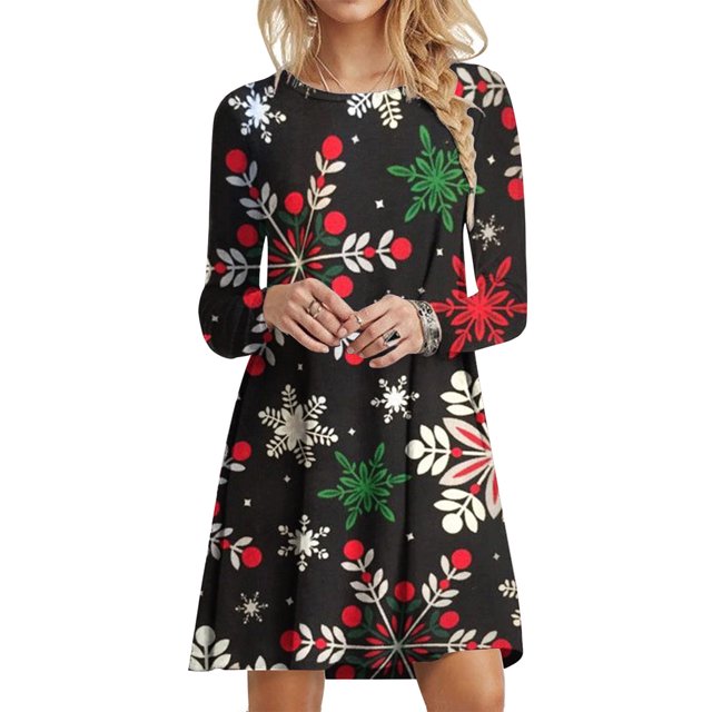 XZNGL Robe à Manches Longues Femme Mode Femme Décontractée à Manches Longues Col Rond Robe Imprimée de Noël Longueur Genou Robe à Manches Longues pour Femmes Robe à Manches Longues pour Femmes Aguichant
