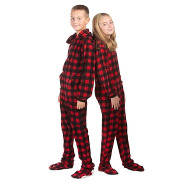 Pyjama une Pièce à Capuchon à Pieds en Molleton à Carreaux Buffalo à Pieds pour Garçons et Filles