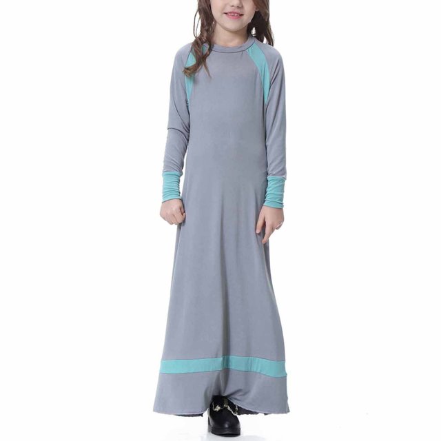 Weiqiqre Robes de Mode pour Filles, Robe Longue Musulmane pour Filles Moyennes et Grandes, Manches Longues, Col en V, Robe à Blocs de Couleur