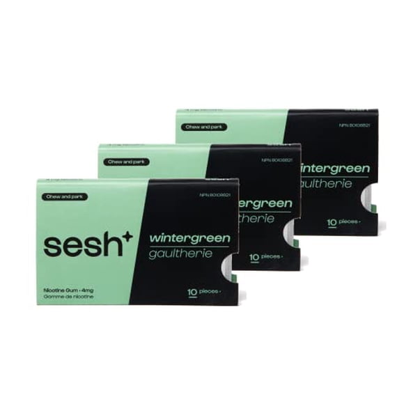 Sesh+ Nicotine Gum, Wintergreen, 30 Pieces, 4mg Per Piece - Help Quit Smoking, Discreet Usage, Long Lasting Flavour, Smokeless, Stain Free