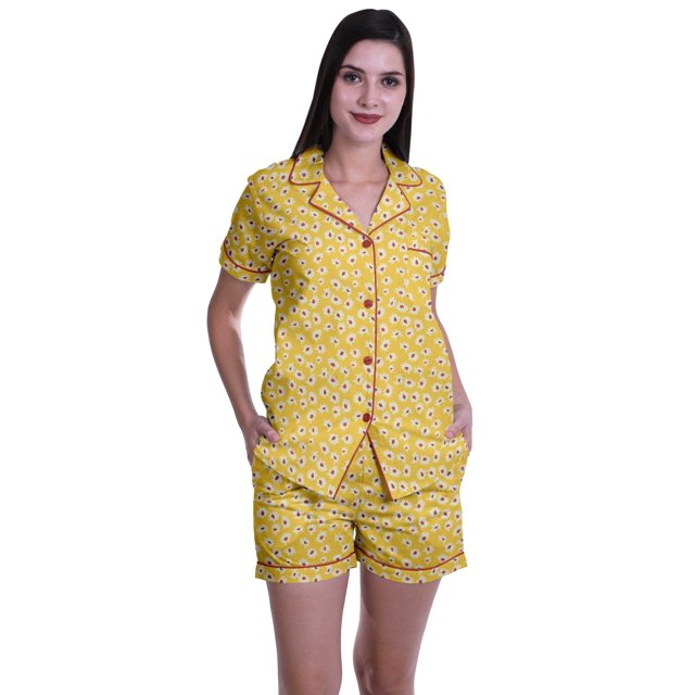 Moomaya Cotton Shorts Pj Set For Women Notch Collar Short Sleeve Nightdress