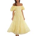 thumbnail image 1 of Faithtur Robe d'Été Décontractée pour Femmes, Ligne A, Manches Courtes Bouffantes, Épaules Dénudées, Robe Midi à Carreaux, 1 of 6