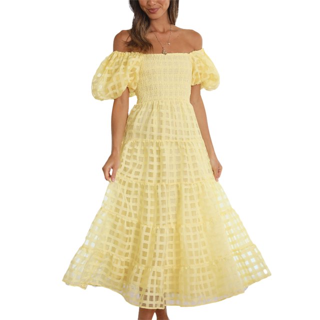 Faithtur Robe d'Été Décontractée pour Femmes, Ligne A, Manches Courtes Bouffantes, Épaules Dénudées, Robe Midi à Carreaux