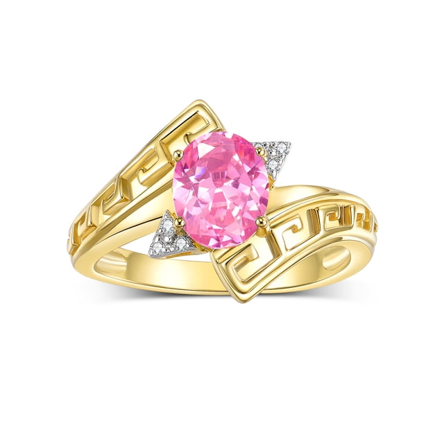 RYLOS Rings for Women 14K Yellow Gold Greek Key Designer Ring 9X7MM Gemstone & Diamond Ring October Pink Ice Jewelry Size 7