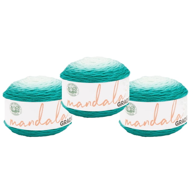 Lion Brand Mandala® Gradient Yarn #4 Medium/Worsted Yarn 150g/270m 3-Pack with three gradient yarn cakes transitioning from white to teal, each wrapped in a white label featuring the Mandala logo and Lion Brand emblem, suitable for knitting, crochet, and crafting home décor.