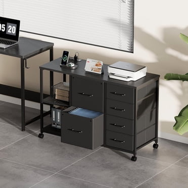 Classeur à 6 Tiroirs avec Station de Recharge, Support d'Imprimante Roulant avec Tablette de Rangement Ouverte, Bureau à Domicile, Classeur Horizontal en Tissu, Noir