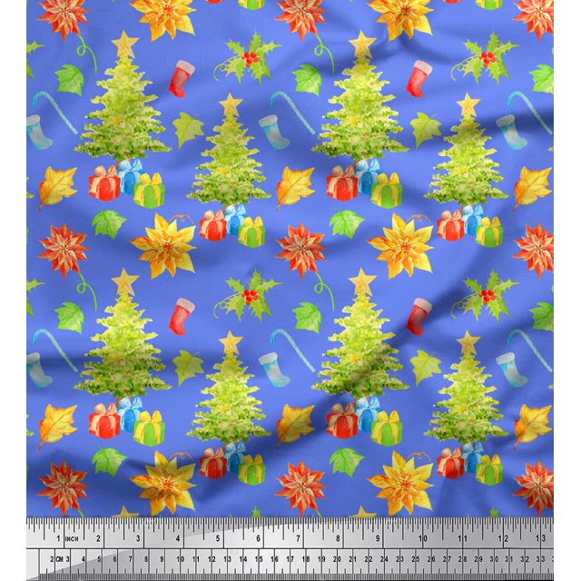 Soimoi Blue Modal Satin Fabric Gifts & Christmas Tree Print Sewing Fabric Yard 42 Inch Wide