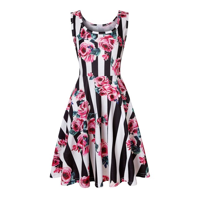 Robe Débardeur pour Femmes Été Mode Robe Sans Manches Imprimée à Col en V Évasée Robe Moulante Longue. la Robe Présente un design Sans Manches avec une Encolure en V, une silhouette Évasée et un Imprimé floral vibrant sur des Rayures Verticales Noires et Blanches. Fabriquée en Tissu polyester Léger, Elle Convient aux occasions Décontractées, aux Fêtes Ou aux Sorties à la Plage pendant l'Été et le Printemps. Offerte en Tailles P à TTG.