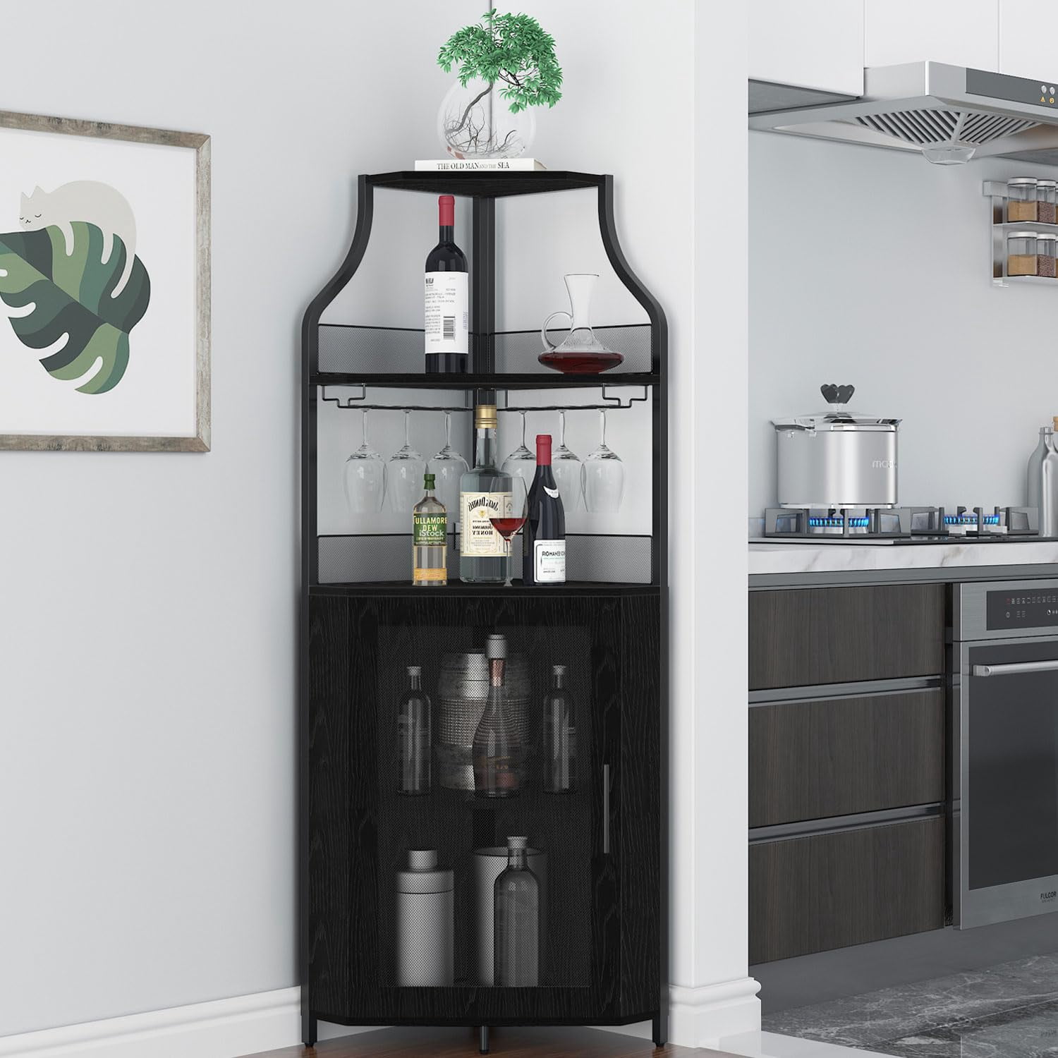 Armoire de Bar d'Angle, Armoire à Vin Moderne avec Tablettes de Rangement et Porte en Treillis, Armoire de Rangement pour Alcools de Bar à Domicile avec Support en Verre pour Salon, Salle à Manger