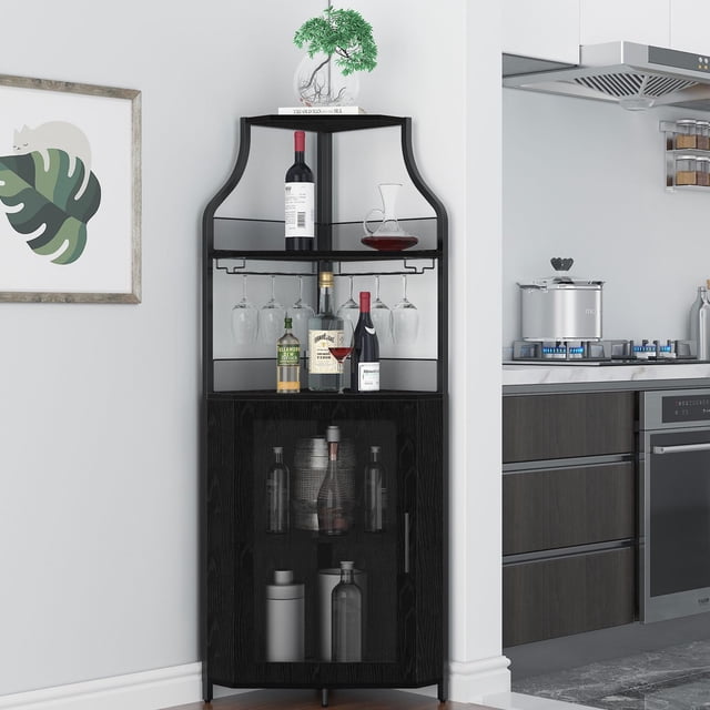Armoire de Bar d'Angle, Armoire à Vin Moderne avec Tablettes de Rangement et Porte en Treillis, Armoire de Rangement pour Alcools de Bar à Domicile avec Support en Verre pour Salon, Salle à Manger