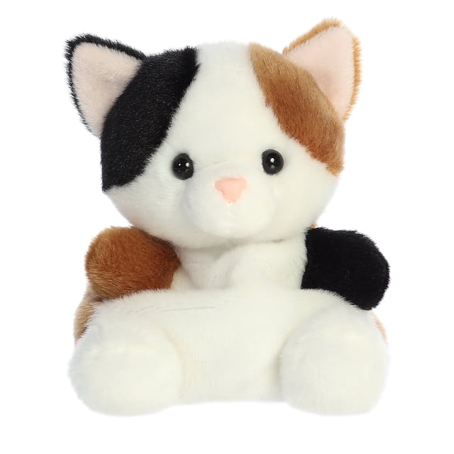 Aurora Palm Pals - Peebs Calico Cat 5-inch plush toy featuring a soft, patchwork design of creamy white, sunset orange, and midnight black fur. This adorable stuffed animal has bright, curious eyes, a pink nose, and a relaxed demeanor. Made with high-quality materials, it is approximately 4 x 4 x 5 inches in size and filled with bean pellets for stability. Suitable for all ages and part of the #palmpalsparty collection.